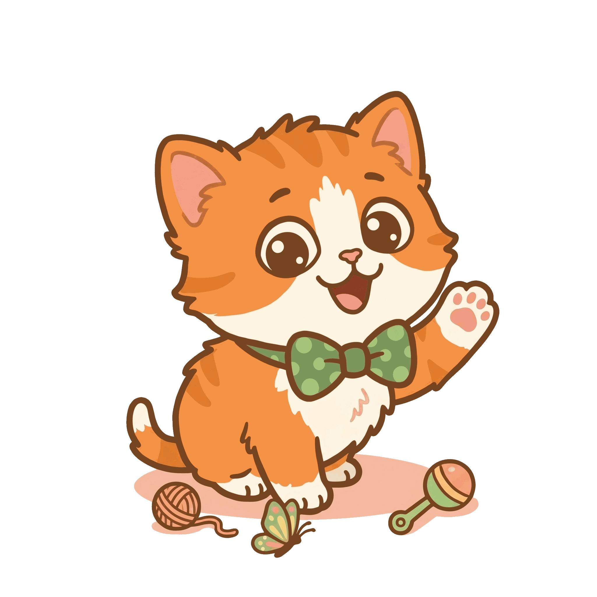 Akira, an orange kitten with a coral bow, waving