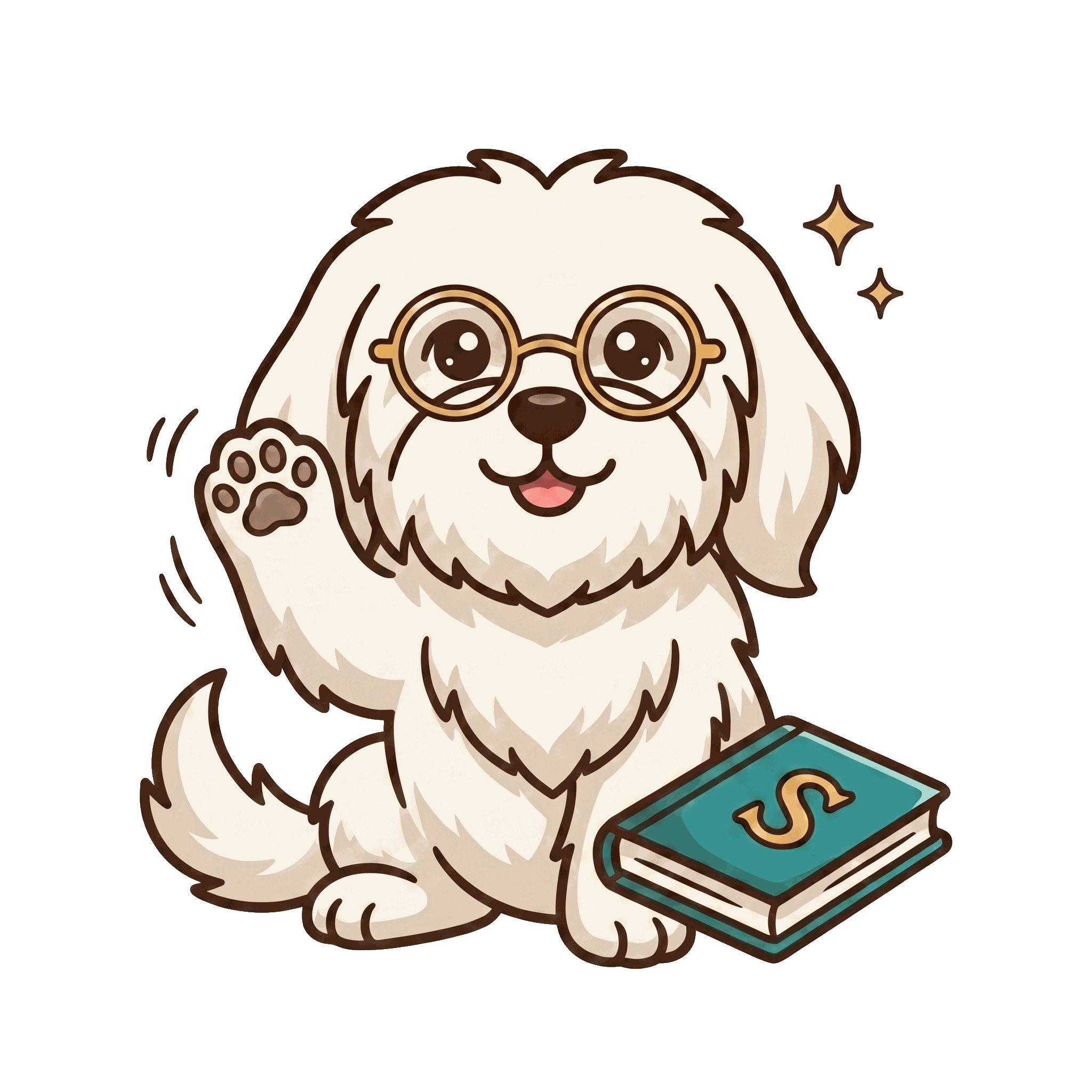 Zuriel, a white Lhasa Apso wearing glasses and holding a book, waving